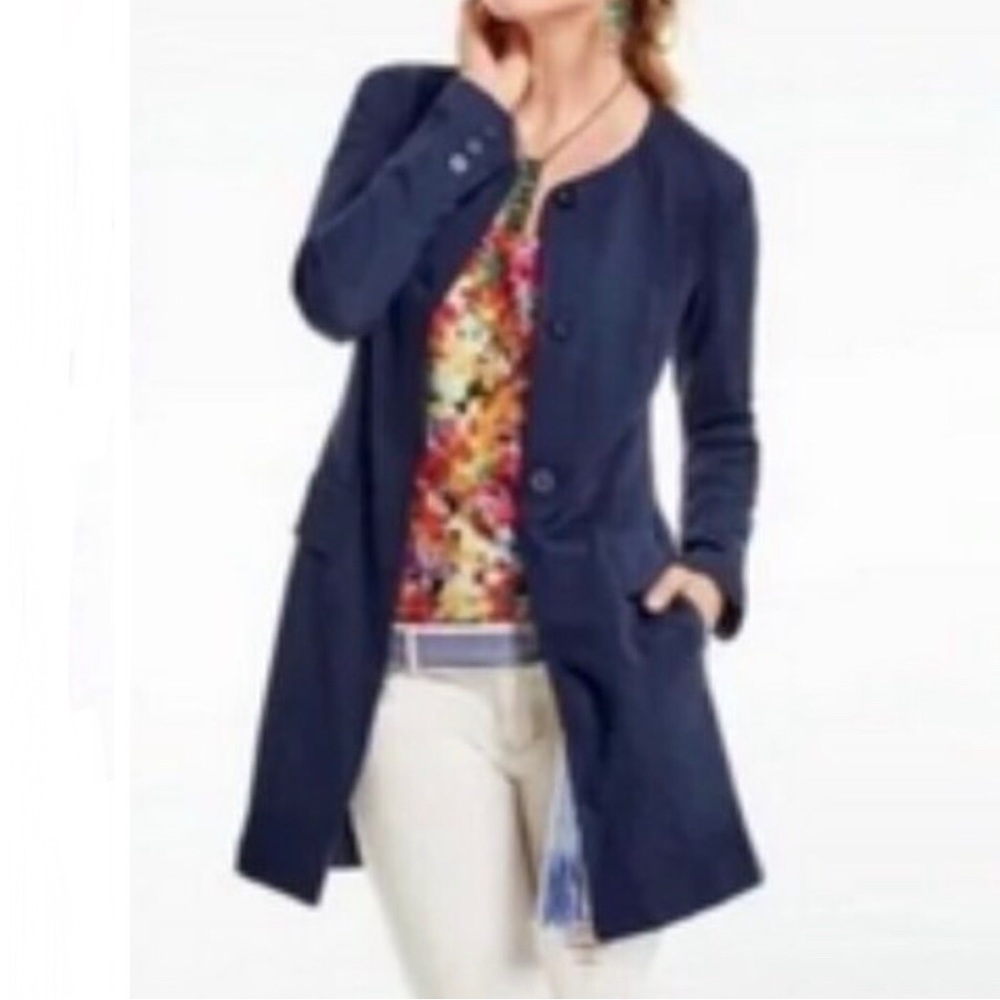 Cabi Lido Collarless Button Front Mid-Length Navy Ponte Knit Jacket Size Small